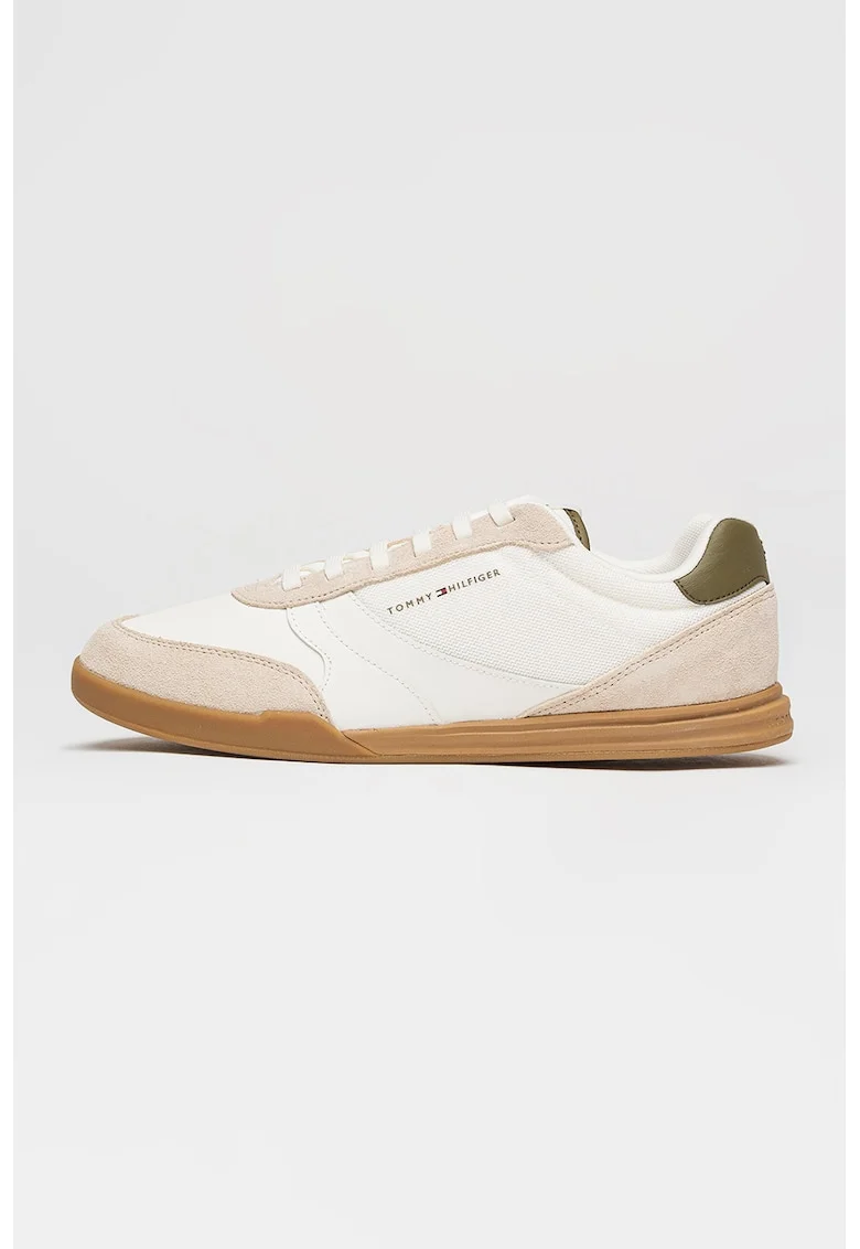 Pantofi sport low-cut cu garnituri din piele intoarsa, Alb/Bej inchis