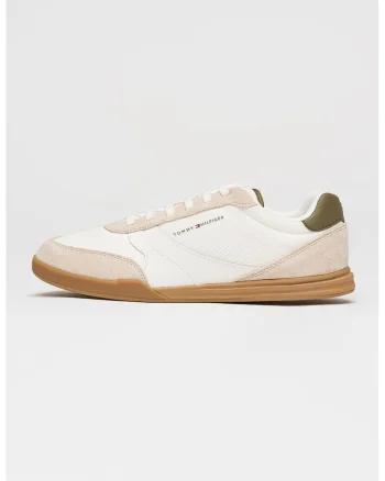 Pantofi sport low-cut cu garnituri din piele intoarsa, Alb/Bej inchis