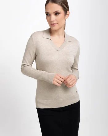 Pulover dama cu guler  S-Toyo, decolteu in V, Slim Fit, bej melange, Bej melange