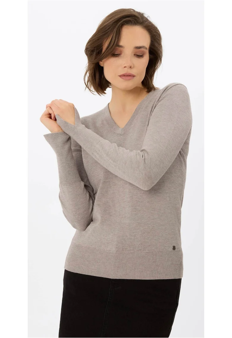 Pulover dama cu decolteu in V,  S-Neli, Slim Fit, bej melange, Bej melange