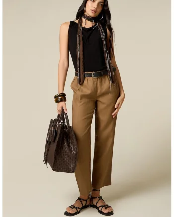 Pantaloni din in cu snur in talie, Maro camel