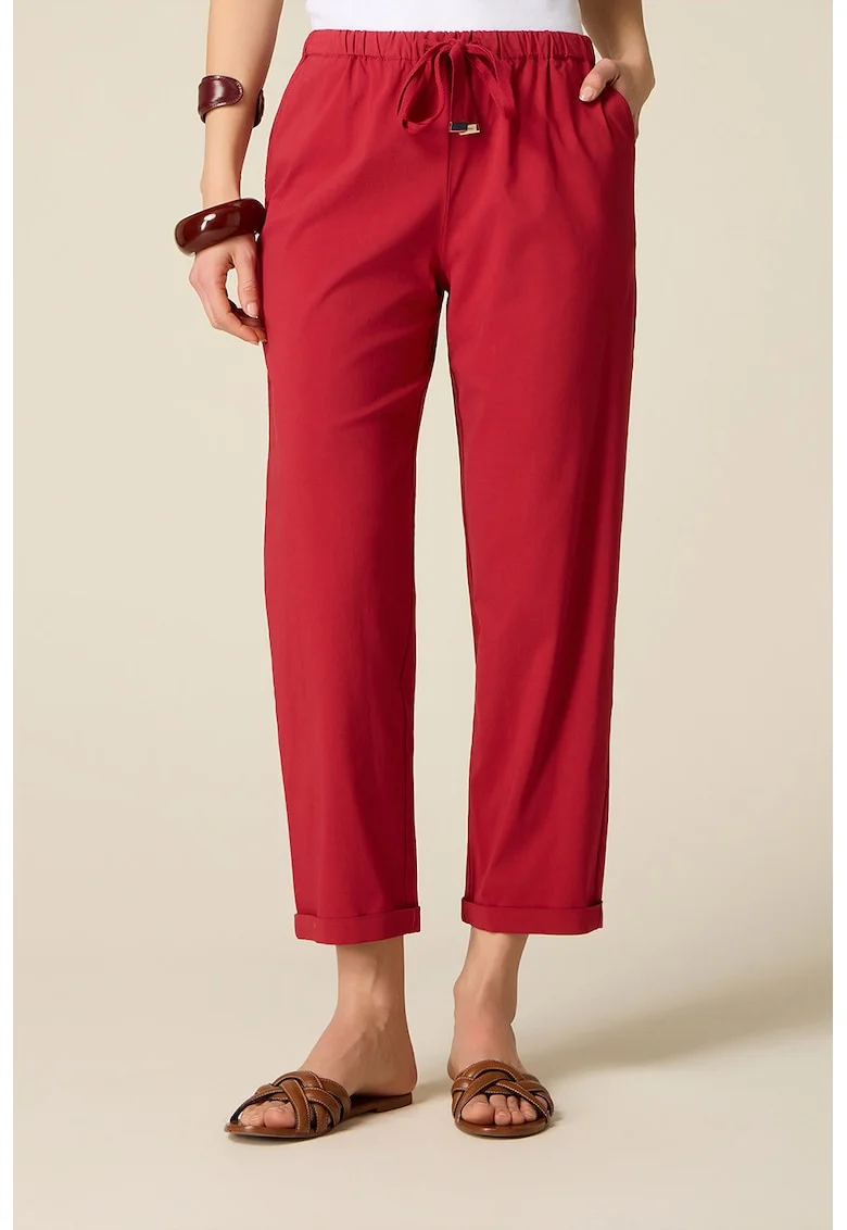 Pantaloni crop cu croiala conica si snur in talie, Rosu inchis