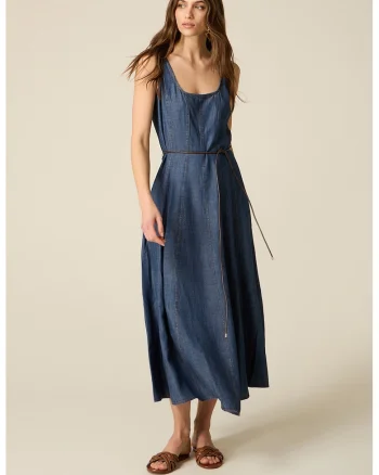 Rochie midi din denim cu cordon in talie, Bleumarin