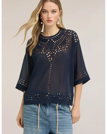 Bluza cu perforatii si maneci medii, Albastru ultramarin