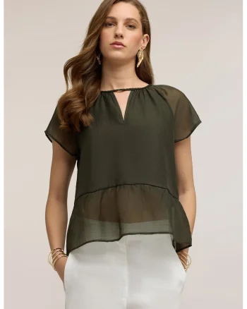 Bluza semitransparenta cu decolteu in V, Verde masliniu inchis