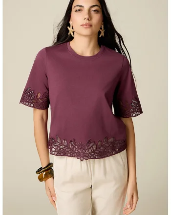 Tricou cu maneci medii si detalii perforate, Violet pruna