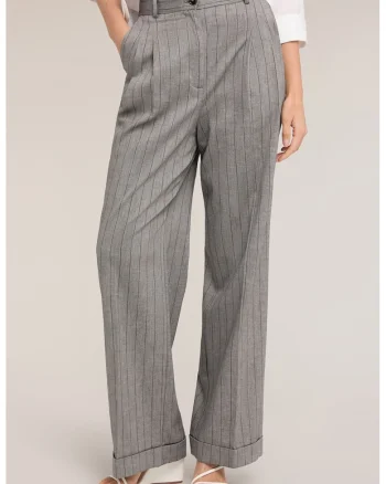 Pantaloni din amestec de in cu model in dungi, Gri melange