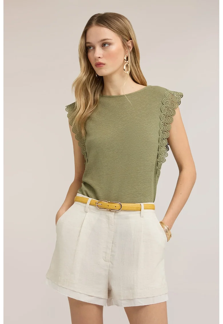 Bluza slim fit din amestec de in cu garnituri din dantela, Verde stins