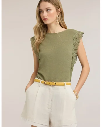 Bluza slim fit din amestec de in cu garnituri din dantela, Verde stins