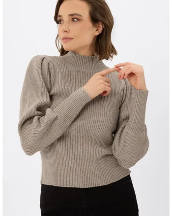 Pulover dama cu guler inalt, maneci volane,  S-Moka, bej, Bej