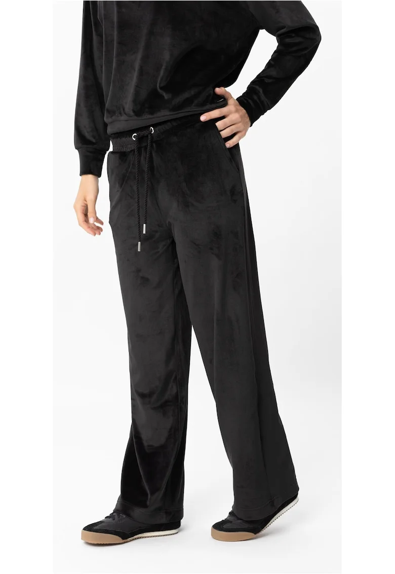 Pantaloni de trening din velur cu croiala ampla,  N-Case, Negru, Negru
