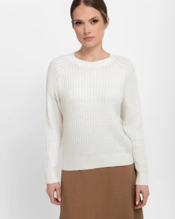 Pulover din bumbac cu decolteu la baza gatului,  S-Kama, crem melange, Crem melange