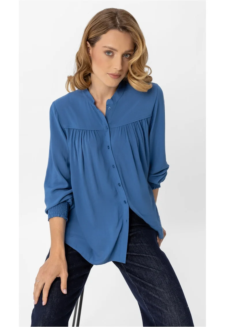 Bluza dama lejera, plisata,  K-Enet, cu nasturi, maneci lungi cu mansete elastice, Albastru, Albastru