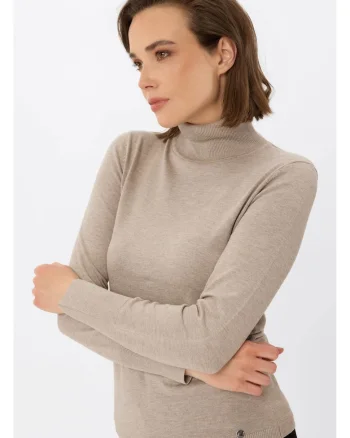 Pulover cu guler inalt  S-Juli, dama, usor, bej melange, Bej melange
