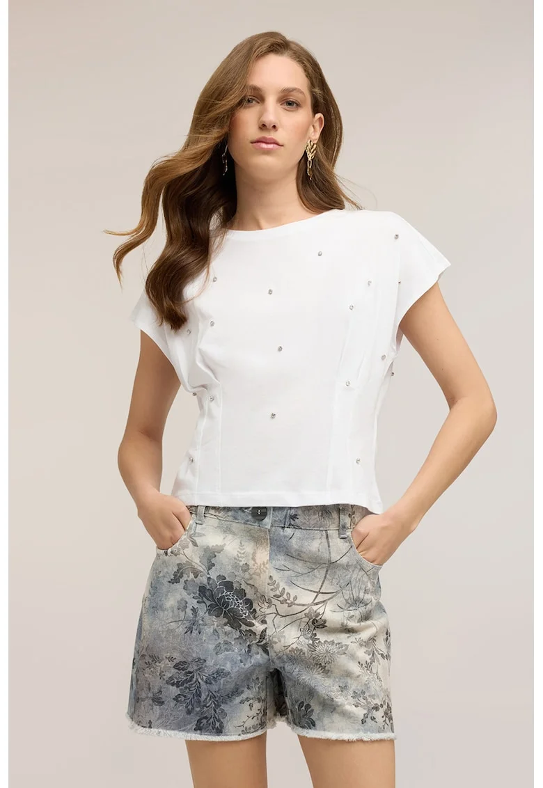 Tricou din bumbac cu aplicatie cu strasuri, Alb