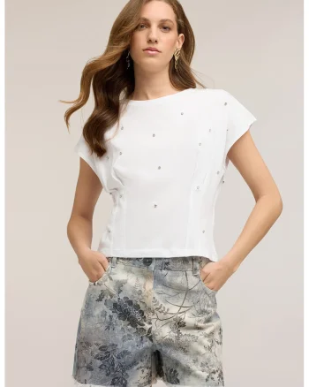 Tricou din bumbac cu aplicatie cu strasuri, Alb