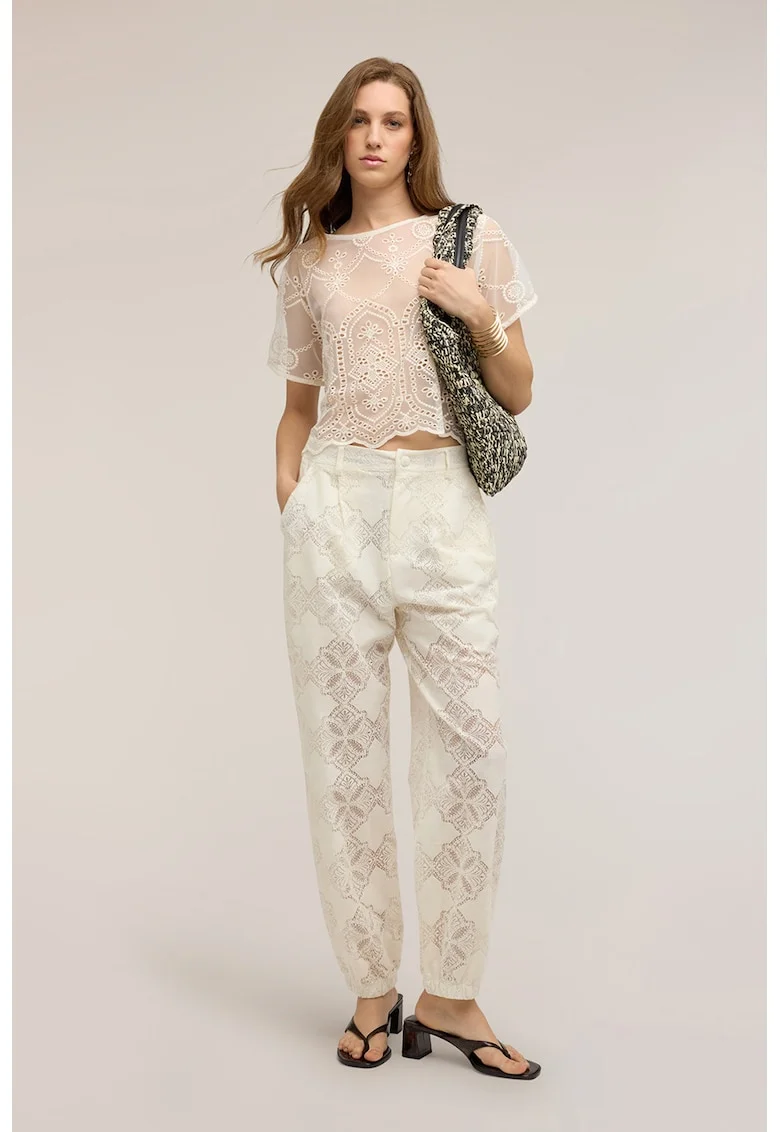 Bluza din dantela cu broderie, Alb fildes