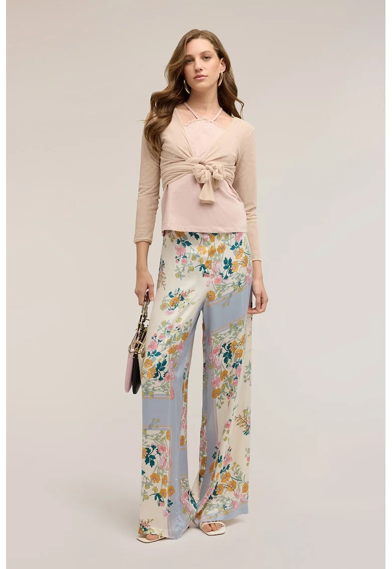 Pantaloni cu croiala dreapta si model floral, Alb/Galben/Albastru