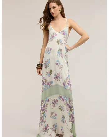 Rochie maxi cu model floral, Lila/Alb murdar/Verde fistic