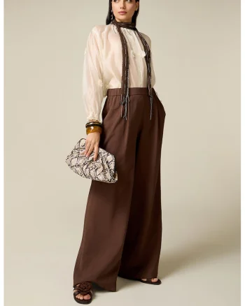 Pantaloni cu croiala ampla si talie inalta, Maro cognac