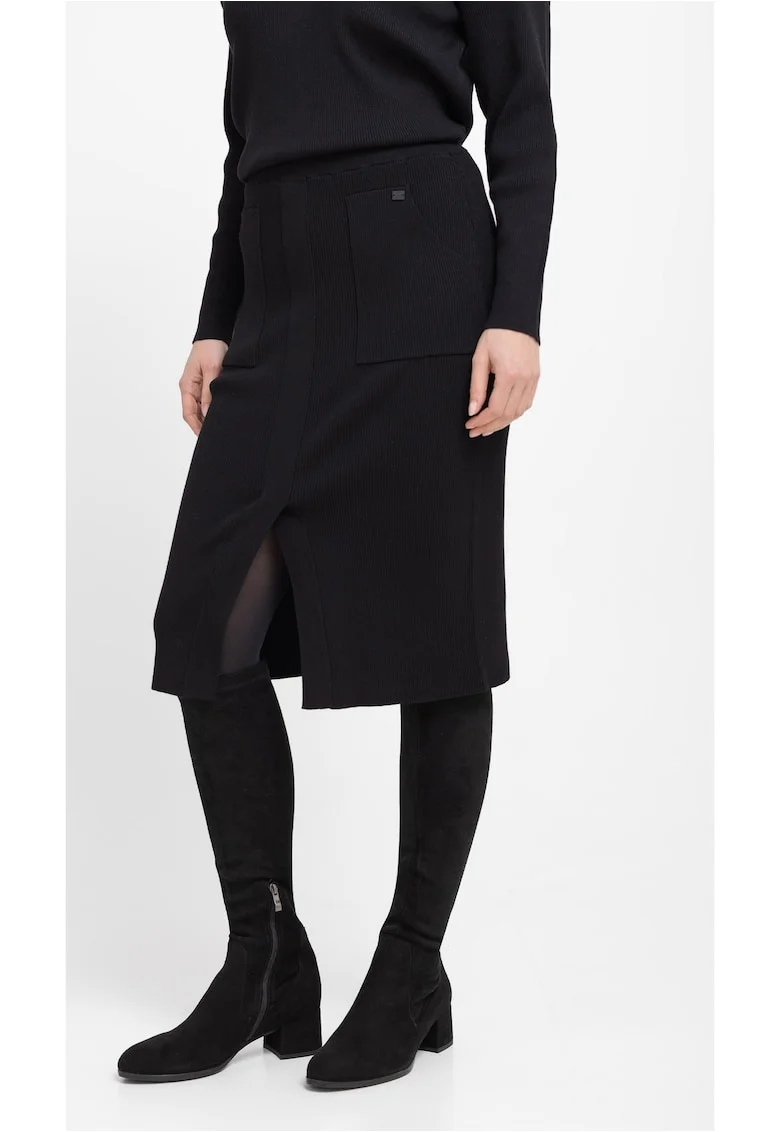 Fusta midi tricotata cu buzunare  G-Piko, cu slit frontal, neagra, Negru