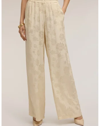 Pantaloni cu croiala dreapta, talie medie si model floral, Crem