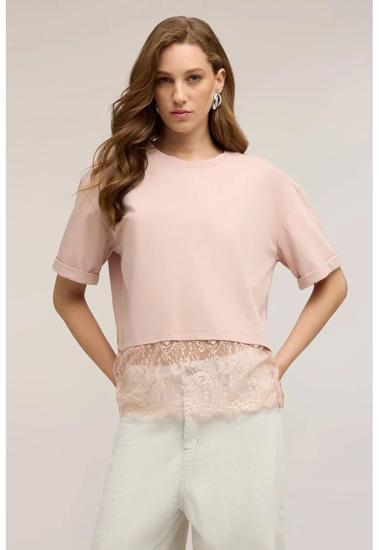 Tricou din bumbac cu garnitura din dantela, Nude rose