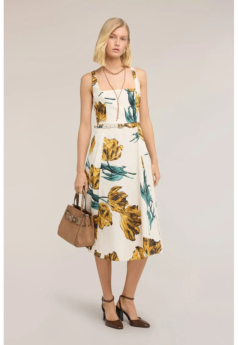 Rochie cu decolteu patrat si model floral, Verde/Alb fildes/Portocaliu
