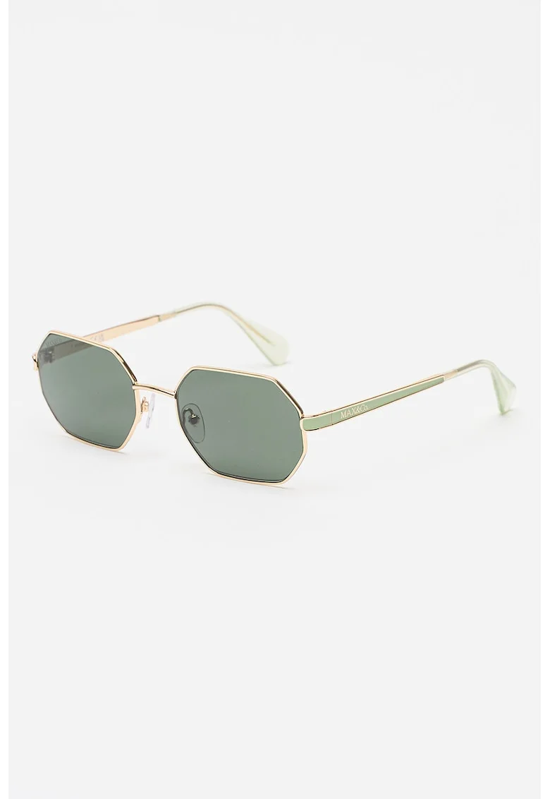 Ochelari de soare hexagonali cu detaliu logo, Auriu/Verde pal
