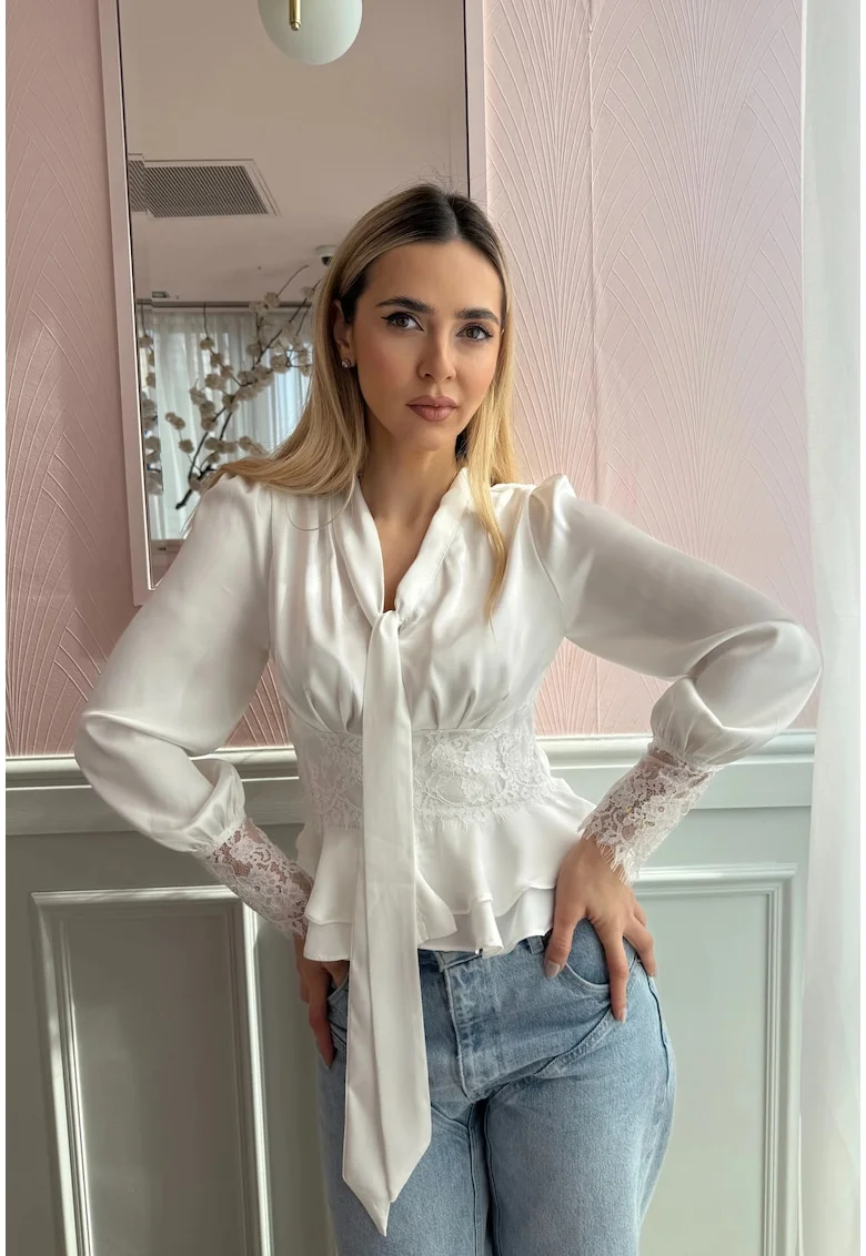 Bluza satine cu funda, talie din dantela si mansete romantice Jasmine, Alb