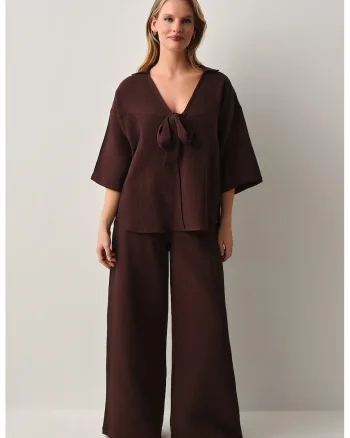 Set de camasa de plaja din bumbac si pantaloni cu croiala ampla, Maro pamantiu