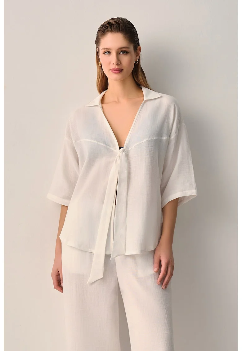 Set de camasa de plaja din bumbac si pantaloni cu croiala ampla, Alb murdar