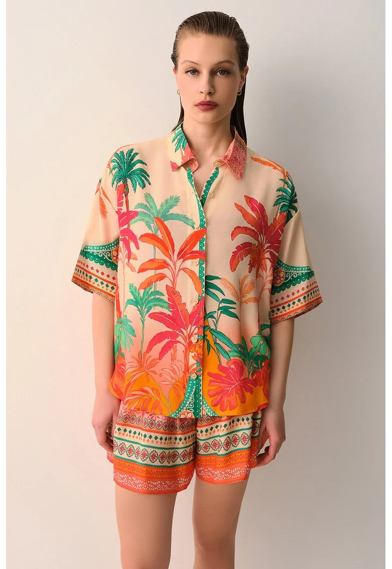Camasa cu design tropical, Portocaliu mandarina/Verde pal/Crem