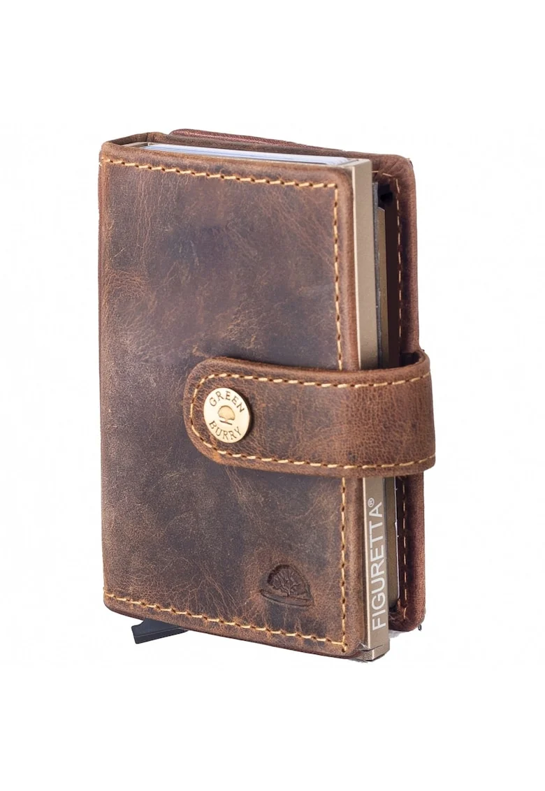Portofel carduri unisex piele naturala maro antichizat / auriu 7.5 x 10 x 2.5 cm, Vintage,