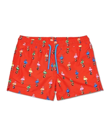 Bermude de baie cu imprimeu flamingo, Verde/Rosu vermillion/Albastru