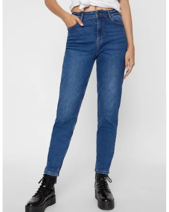 Blugi crop mom fit cu talie inalta, Albastru inchis