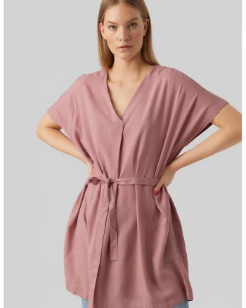 Bluza cu guler tunica si decolteu in V, Roz prafuit