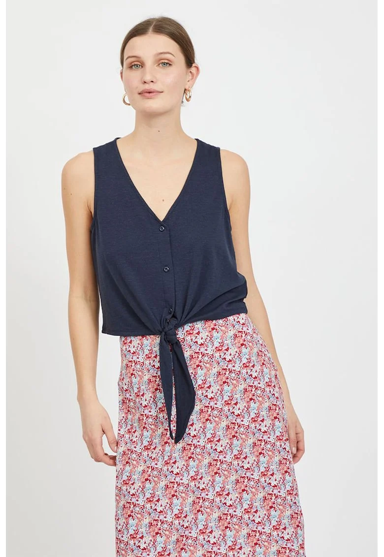 Bluza din amestec de in cu decolteu in V, fara maneci, Bleumarin