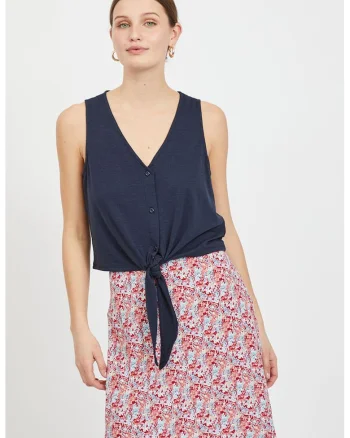 Bluza din amestec de in cu decolteu in V, fara maneci, Bleumarin