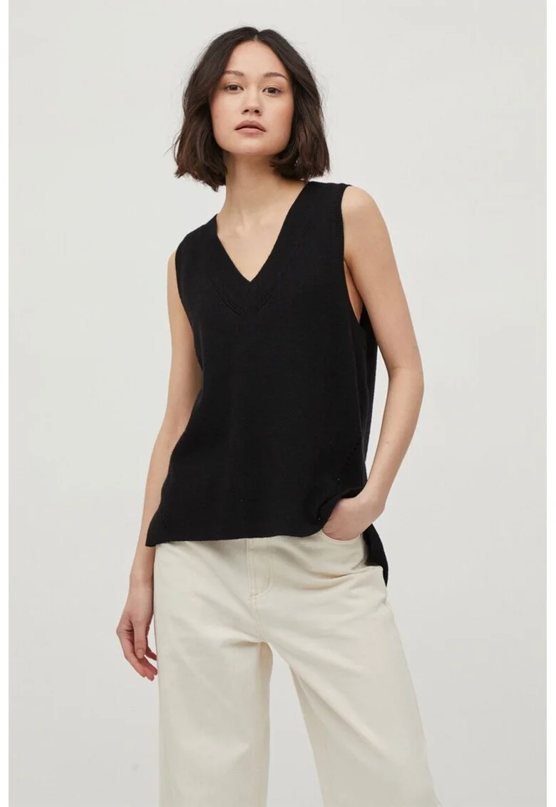 Bluza tricotata fara maneci cu decolteu in V, Negru