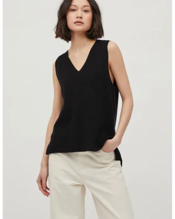 Bluza tricotata fara maneci cu decolteu in V, Negru