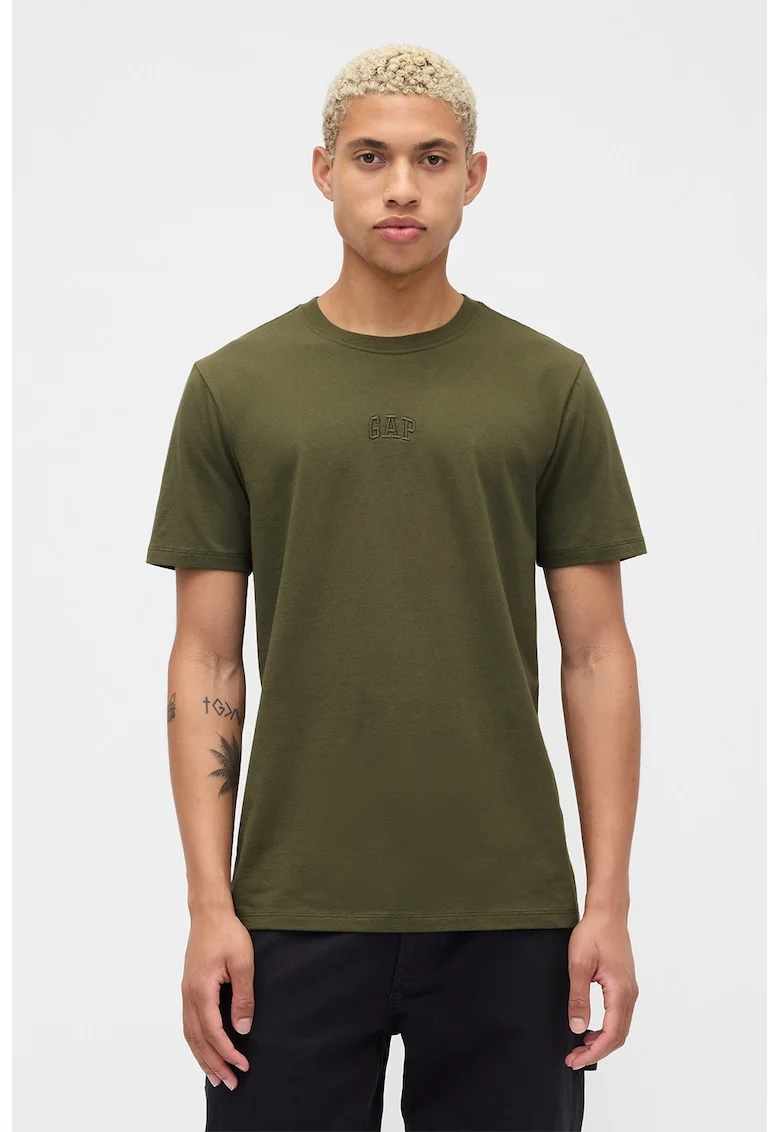 Tricou din bumbac cu decolteu la baza gatului, Kaki inchis