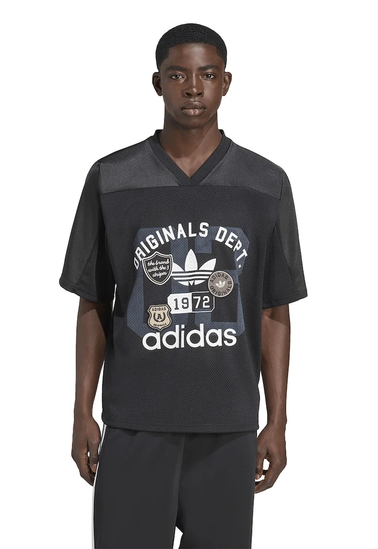Tricou cu imprimeu logo si decolteu in V, Negru stins
