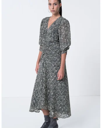 Rochie evazata cu maneci bufante, Negru/Crem