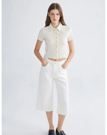 Camasa crop texturat cu maneci scurte, Bej deschis