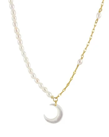 Lantisor argint 925, JW1722, model semiluna si perle, placat cu aur