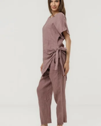 Pantaloni pana din in, cu siret in talie, roz prafuit inchis