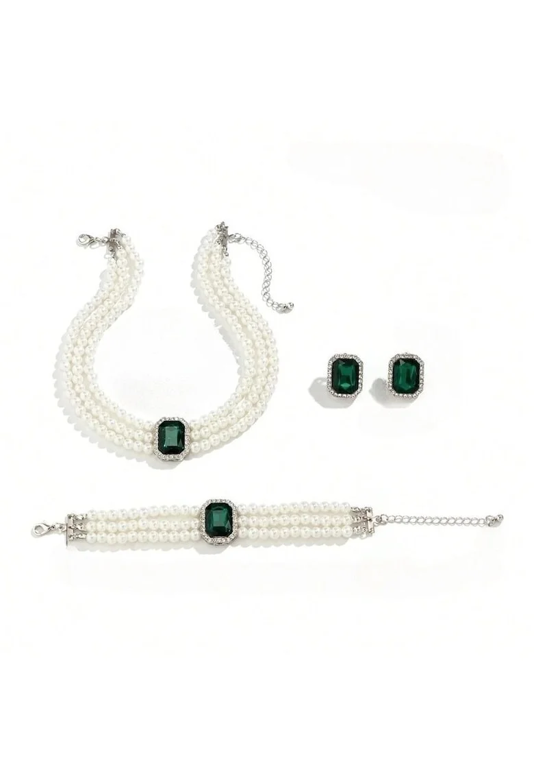 Set colier, bratara si cercei, argintiu, cu perle si pietre verzi, Olympia C5