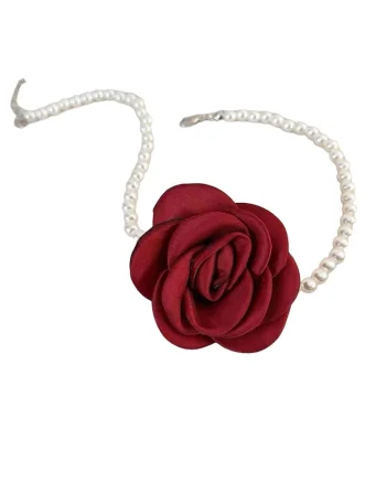 Colier choker, cu perle si floare visinie, Bendicta C14,