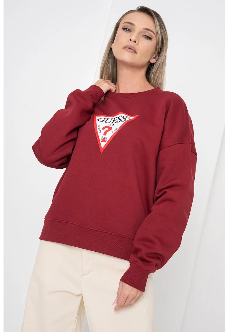 Bluza de trening cu croiala lejera, decolteu la baza gatului si logo, Rosu inchis